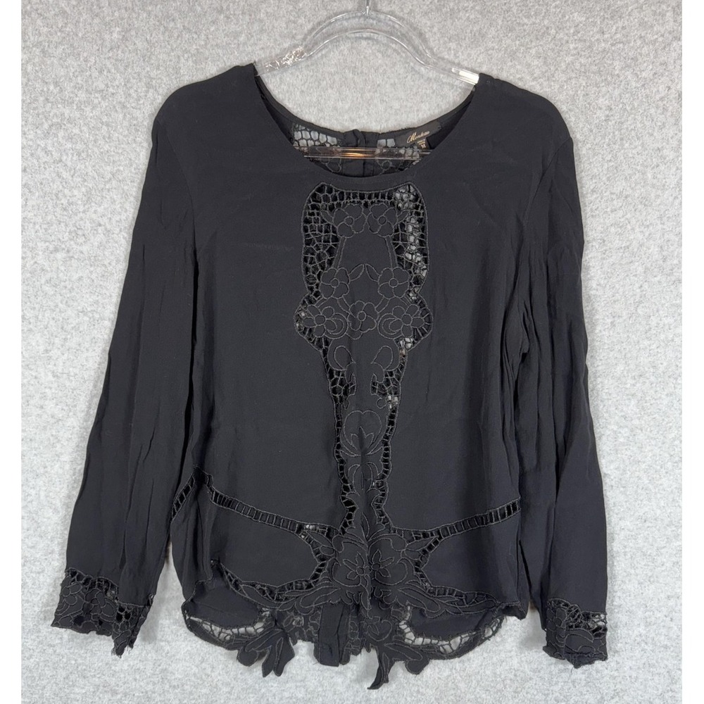 Monteau Blouse Womens Medium Black Long Sleeve Button Back Lace Boho Top Chic